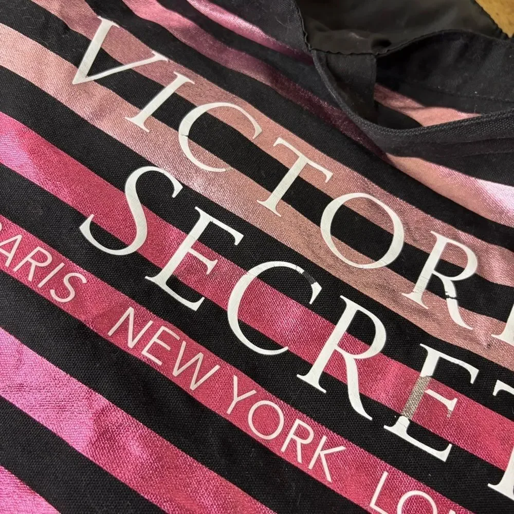 Victoria's Secret Black and Metallic Pink Striped Large Tote see pix for blemish